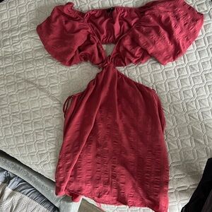 Forever 21 mauve pink puff sleeve cut out dress size large - adjustable w/ ties